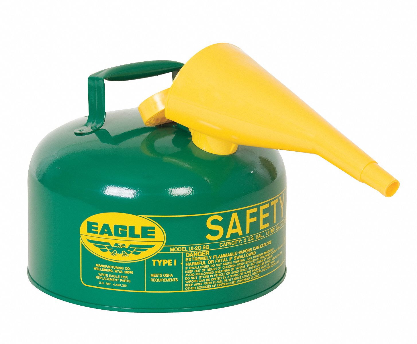 Type I Safety Can: For Use With Oil, 2 gal Capacity, Includes Funnel, Powder Coated Steel