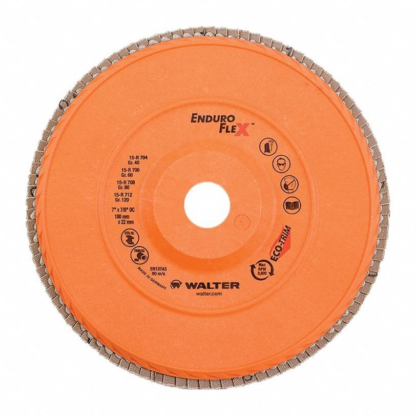 Flap Disc: Type 27, 7" x 7/8", Zirconia Alumina, 120 Grit, Eco-Trim Bk