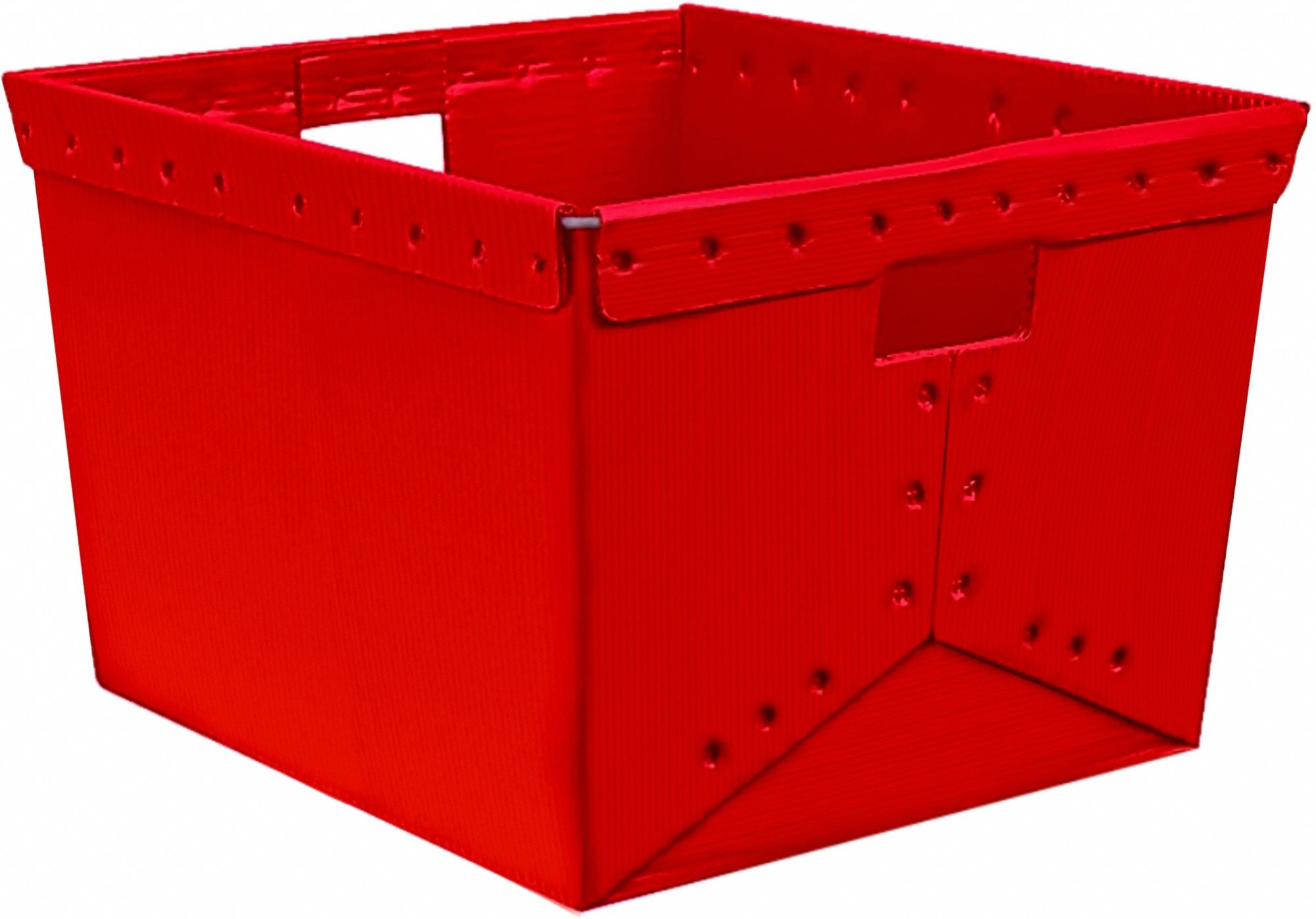Tote: 3.2 cu ft, 21 in x 19 in x 14 in, Red, Lid Not Included, 100 lb Stack Cap.