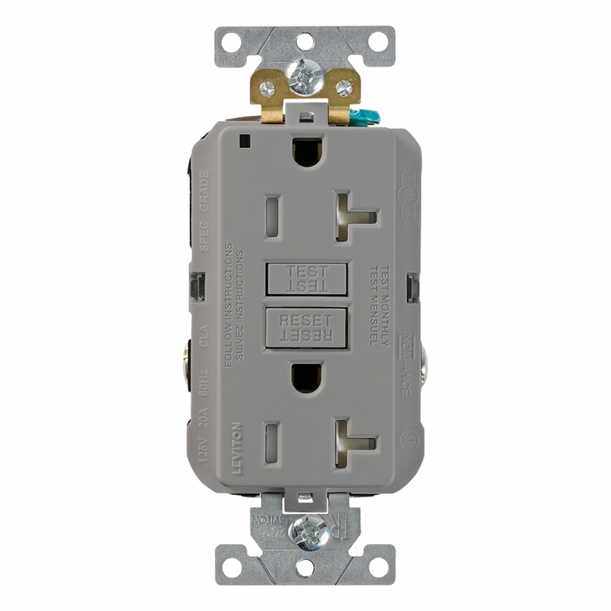 LEVITON Plugs and Receptacles: Duplex, 5-20, Gray, GFCI, 125V AC, 20 A, 2 Pole / 3 Wire (MPN G5362-TGY)