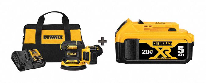 Cordless Sander: 5 in Dia, 3/32 in Orbit, Palm Grip, 20 V