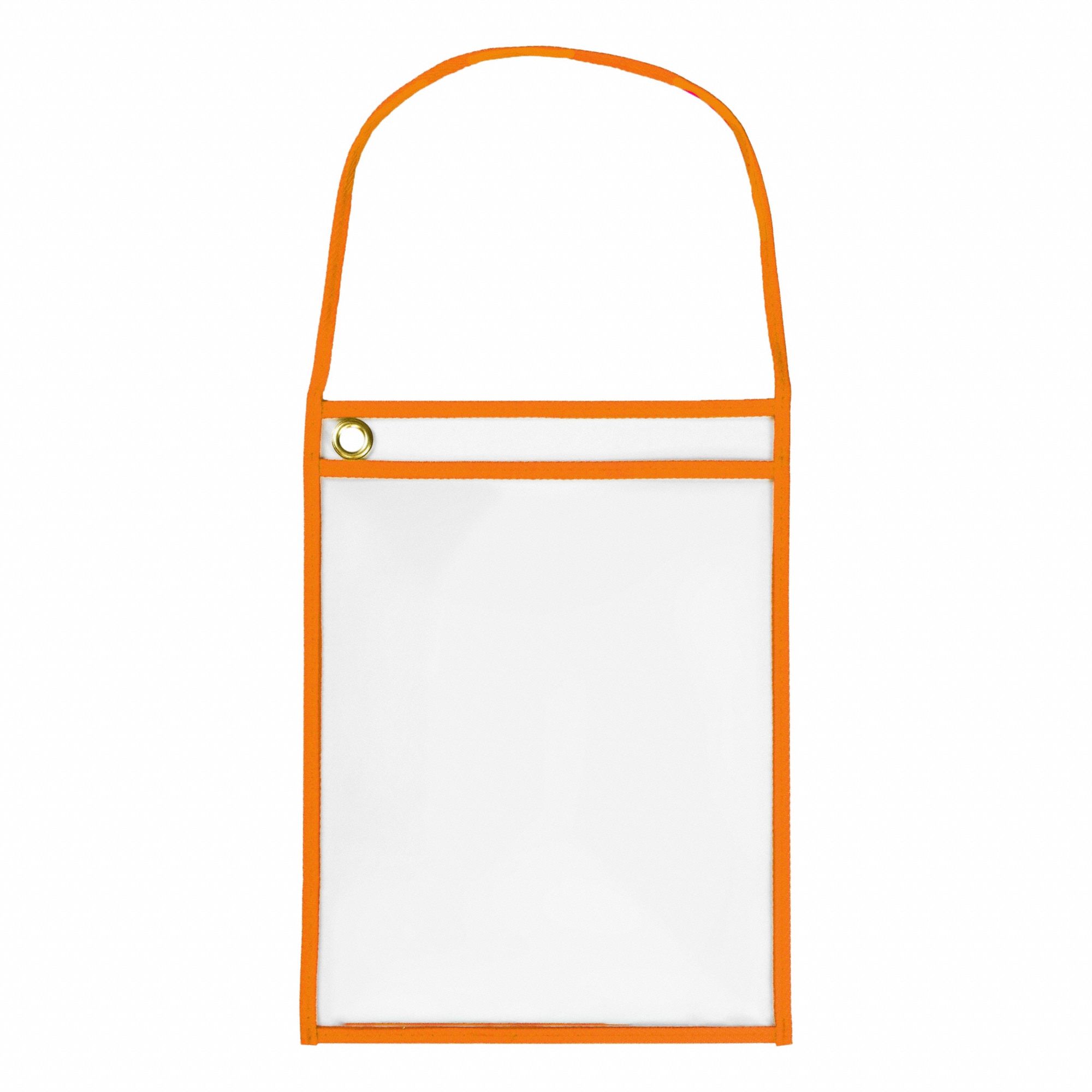 Shop Ticket Holder: Vinyl, Hanging, 12 in Ht, 9 in Wd, Clear/Orange
