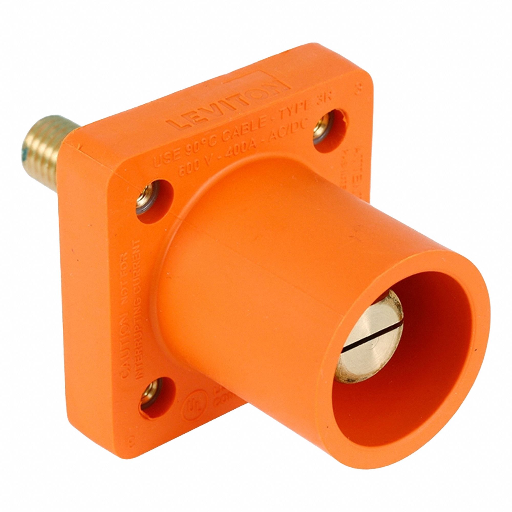 Single Pole Receptacle: For Female Connectors, 400 A, Straight, Orange, Square, Threaded Mounting