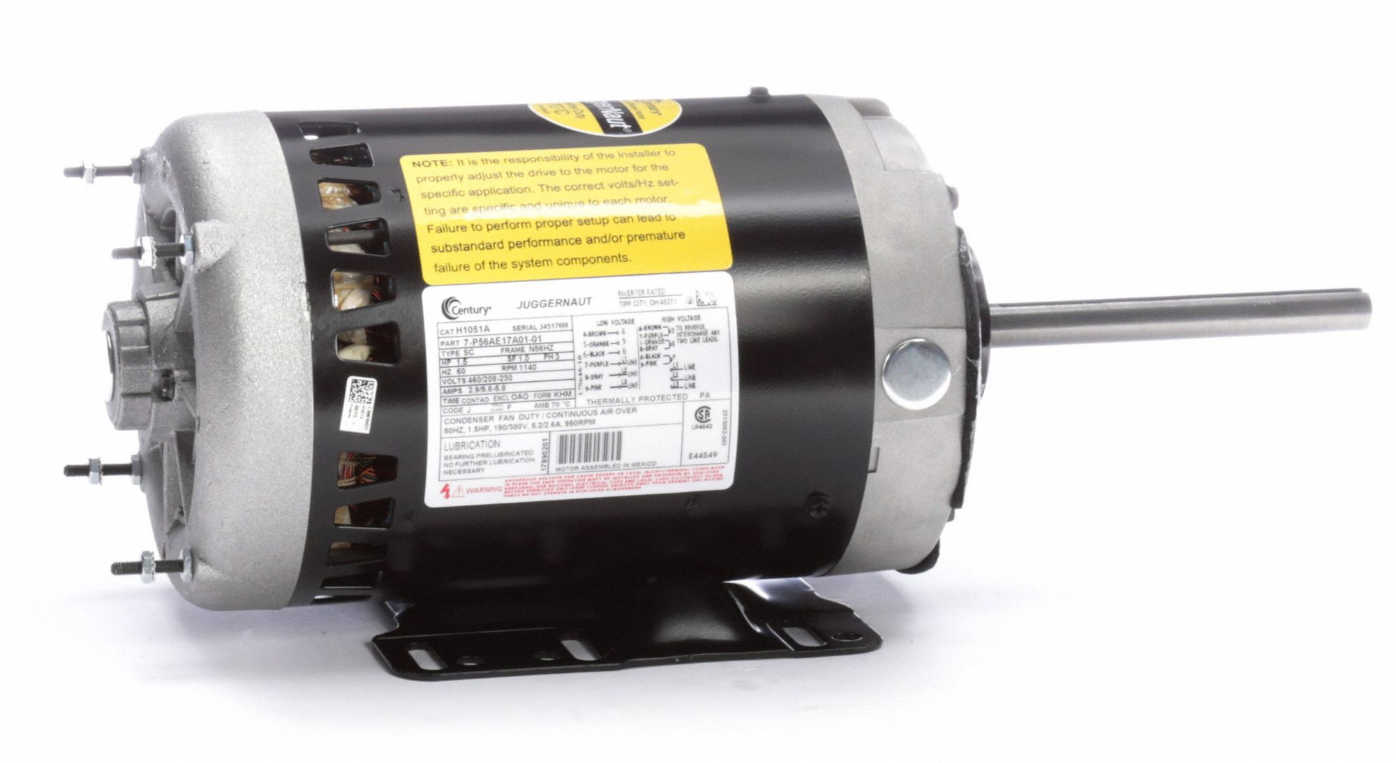 CENTURY 1-1/2 HP Condenser Fan Motor,3-Phase,1140 Nameplate RPM,208-230 ...