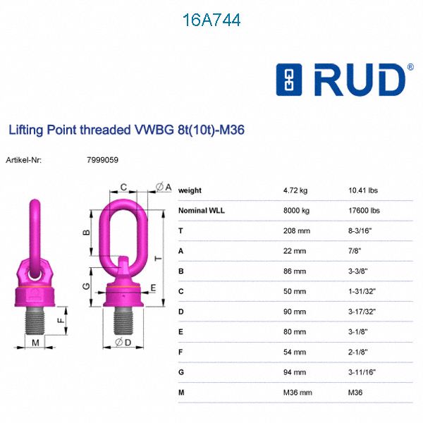 RUD CHAIN BoltOn Hoist Ring, M36 x 4 Thread Size, 17,600 lb Working