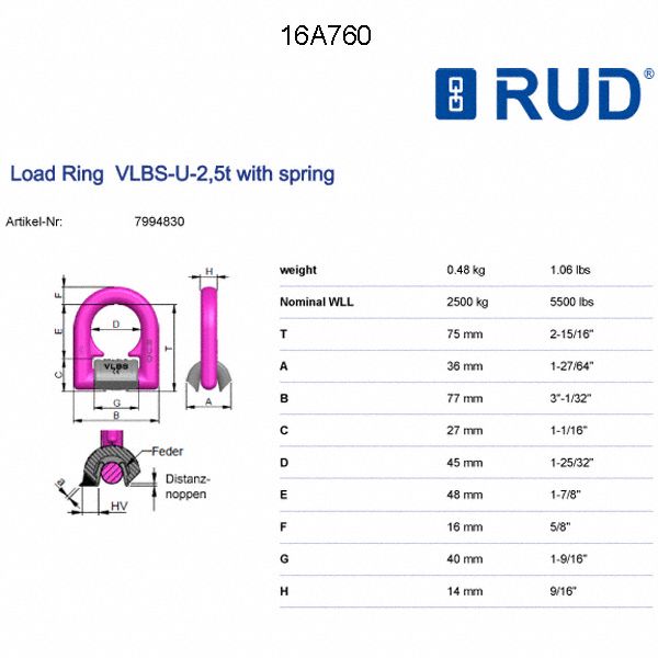 RUD CHAIN WeldOn Hoist Ring, 5,500 lb Working Load Limit, 180° Pivot 16A7607994830 Grainger