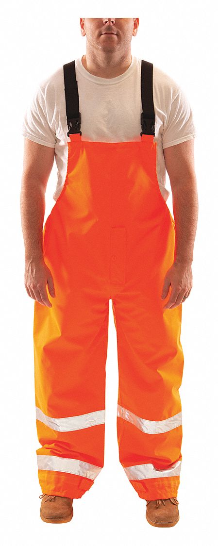 Hi-Visibility Rain Bib Overall: ANSI Class E, 2XL ( 50 in x 32 in ), Rain Bib Overall, Snaps