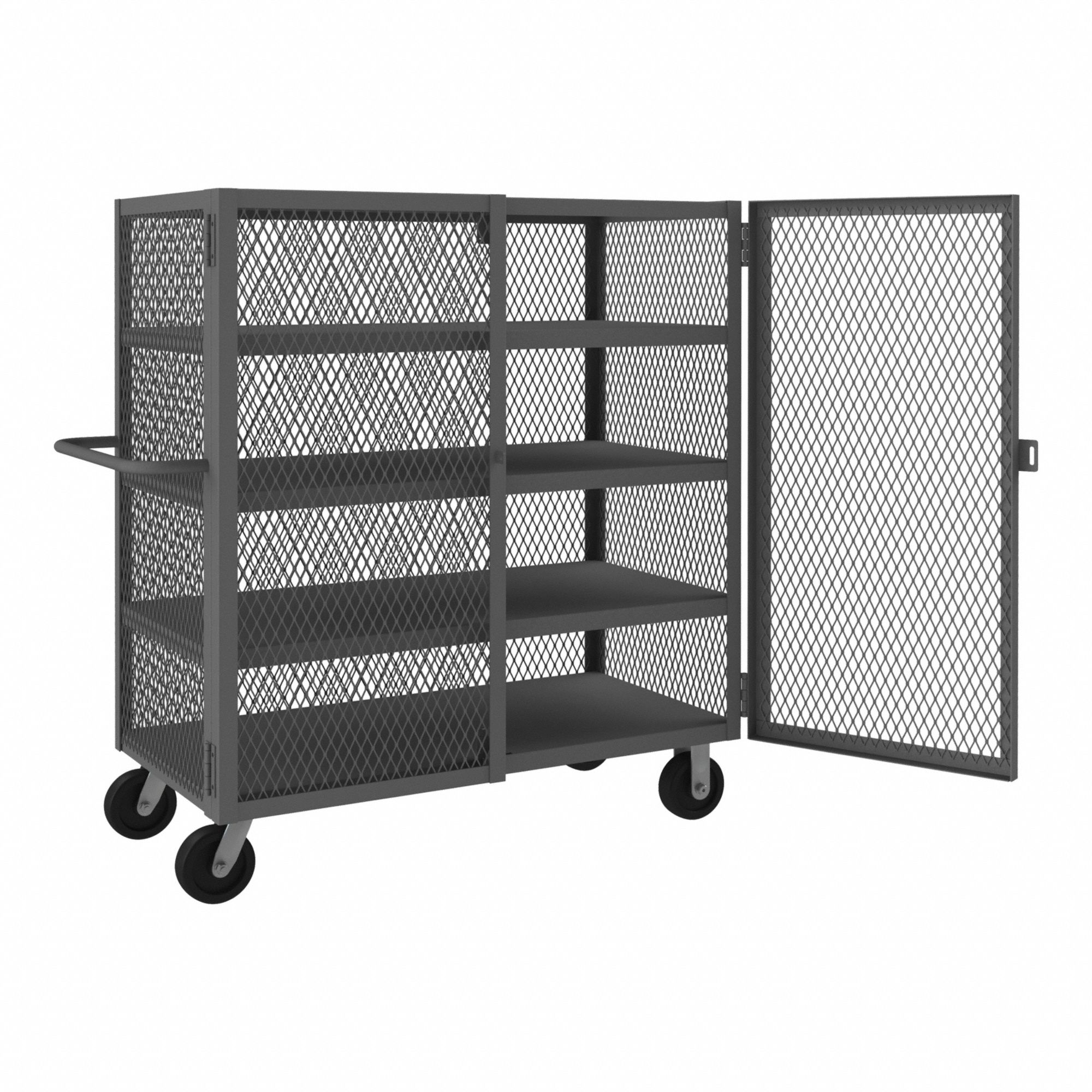 DUAL-LATCH WELDED MESH SECURITY CART WITH FIXED SHELVES, 2,000 LB LOAD CAPACITY