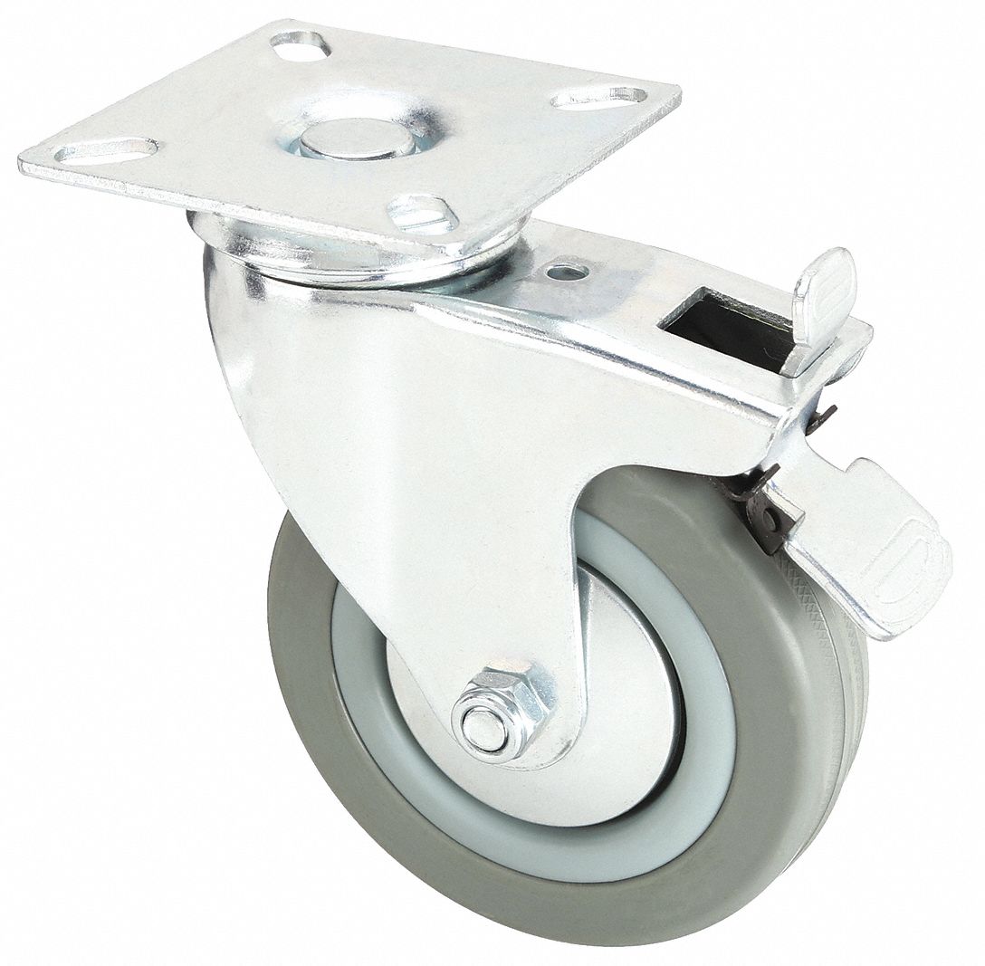 STANDARD PLATE CASTER, 4 IN WHEEL DIA, 176 LB, 5 3/16 IN MOUNTING H, RUBBER, HARD