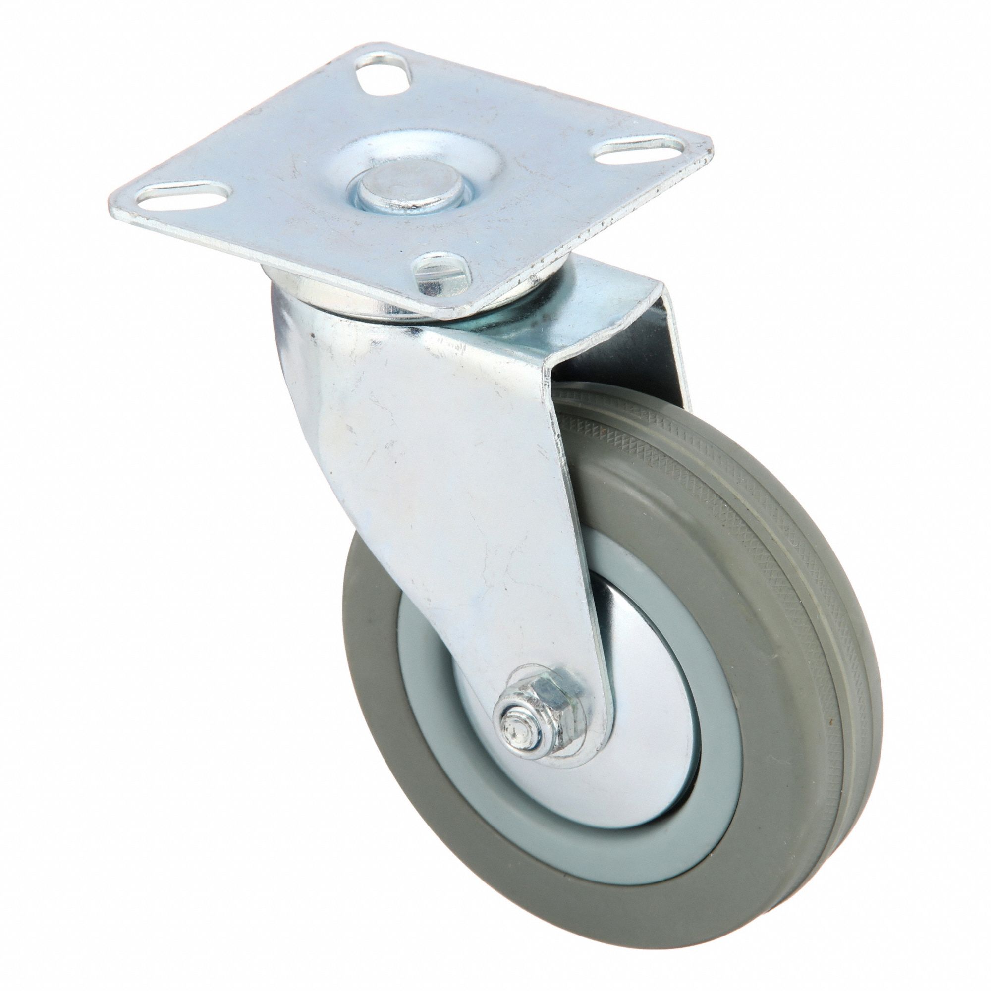 Plate Caster: Swivel, No Brake, Rubber, 4 in Wheel Dia, 1 1/8 in Wheel Wd, Hole