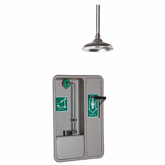 Shower with Eye/Face Wash: Ceiling Mount, Stainless Steel Showerhead, Eye Wash Covering