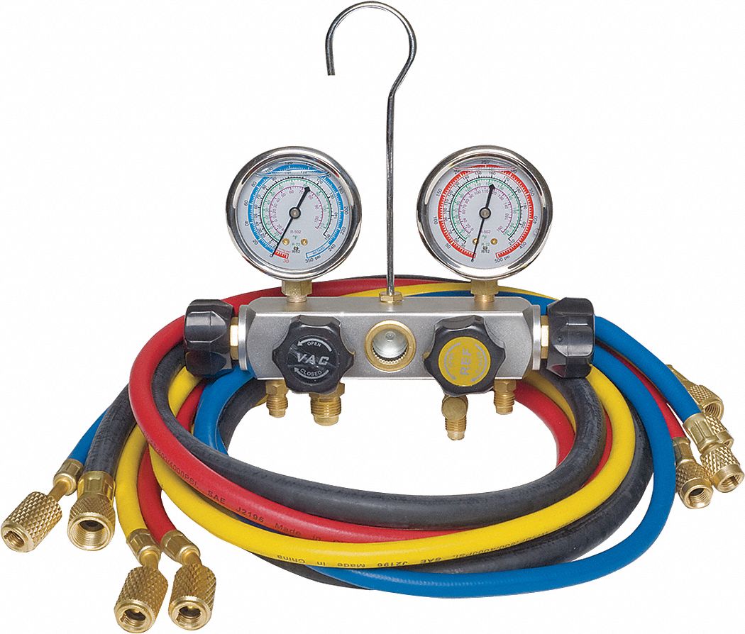 MANIFOLD GAUGE SET, 4 VALVES, 4 HOSES, 2¾ IN GAUGE DIA