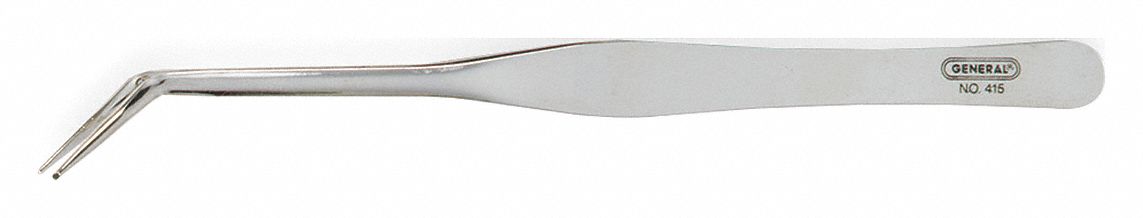 TWEEZERS, STAINLESS STEEL, FLAT, BENT TIP, 1 MM TIP THICK