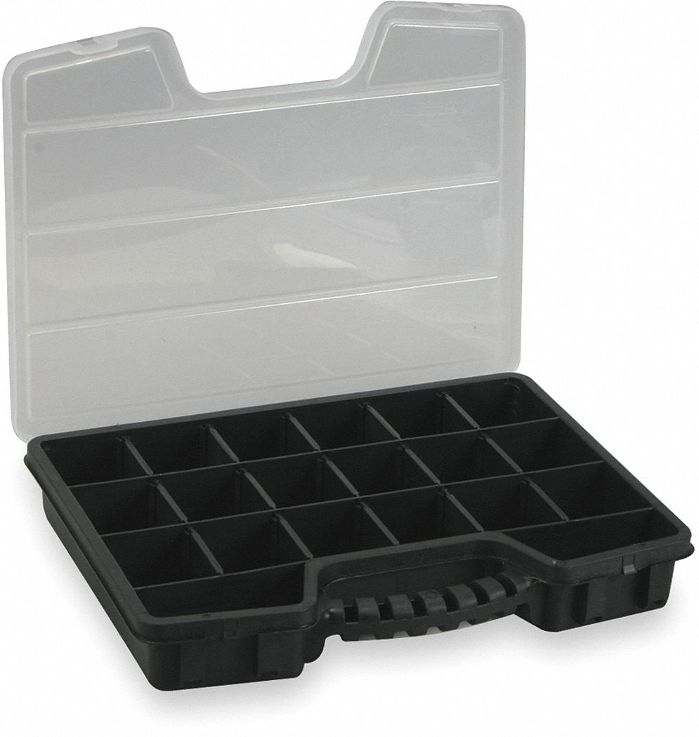 ADJUSTABLE COMPARTMENT BOX, 12 IN X 15⅜ IN X 2½ IN, BLACK, 20 COMPARTMENTS