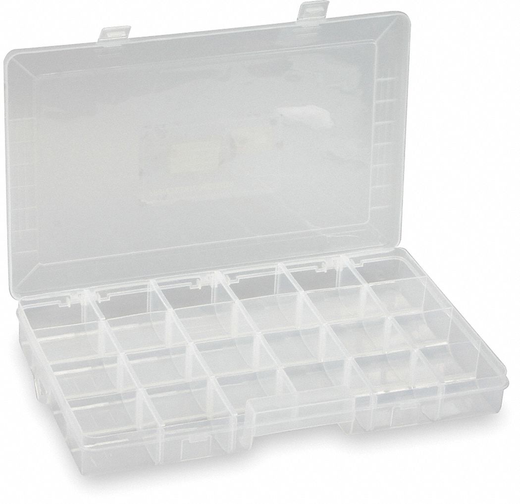 ADJUSTABLE COMPARTMENT BOX, 9¼ IN X 15 IN X 1⅞ IN, CLEAR, 24 COMPARTMENTS