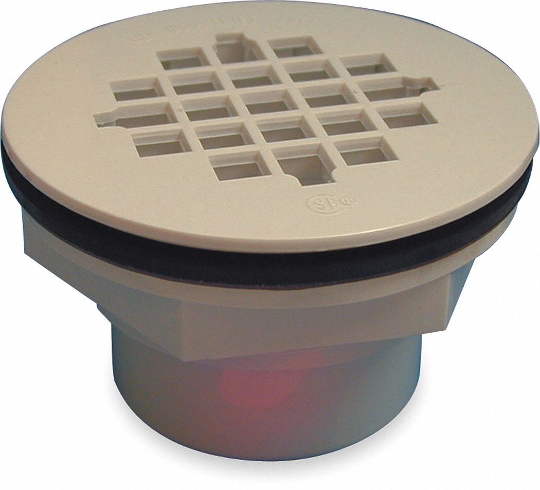 SHOWER DRAIN: 2 IN OVERALL DIAMETER, 4¼ IN OVERALL LG, 2⅝ IN H, PLASTIC