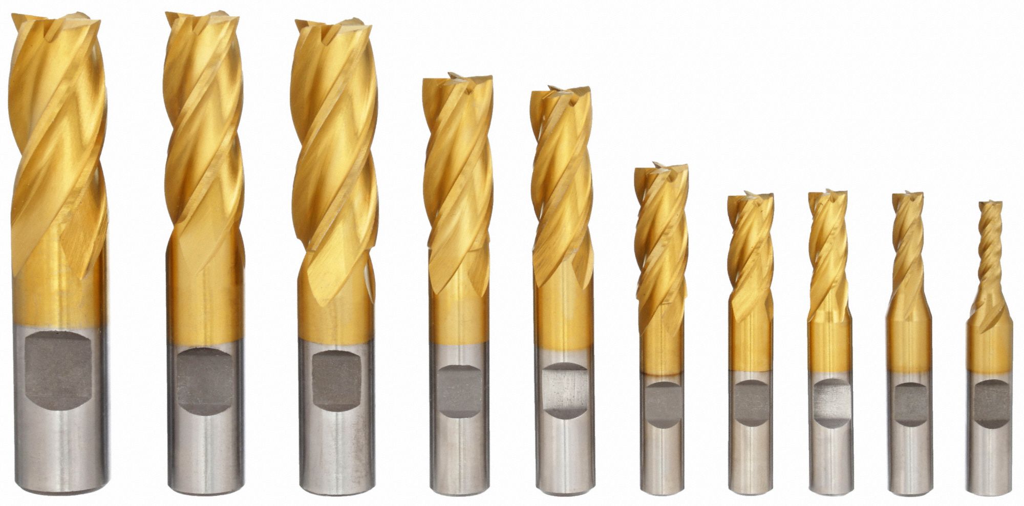 END MILL SET, 4 FLUTES, 10 PIECES, 3/16 IN SMALLEST MILL DIAMETER, TIN FINISH