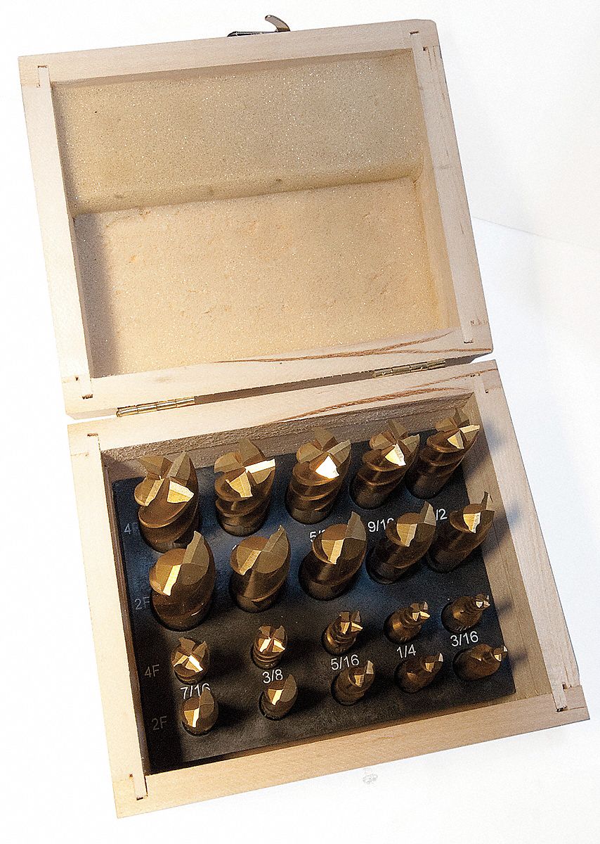 END MILL 20-PIECE SET, 2 AND 4 FLUTES, 3/16 IN SMALLEST MILL DIAMETER, TIN FINISH