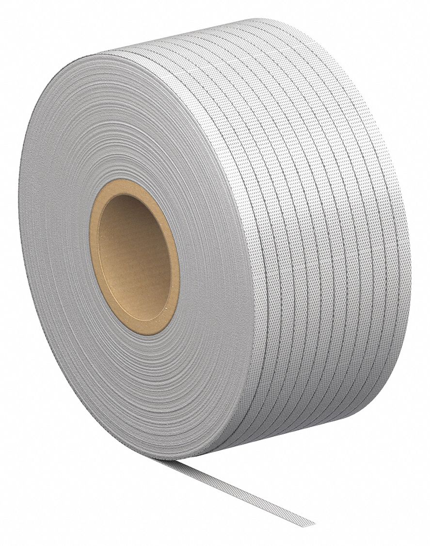 PLASTIC STRAPPING, 700 LB BREAK STRENGTH, 3,900 FT OVERALL L, WHITE, 4 IN CORE DIA