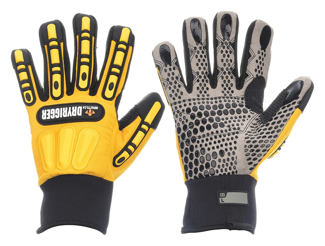 MECHANICS GLOVES, ULTRASUEDE, SILICONE DOTS, BLACK/YELLOW, LEATHER PALM