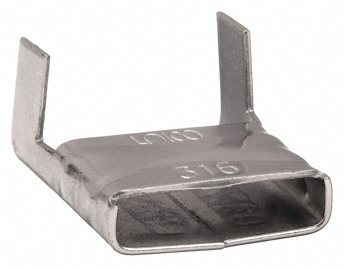 Banding Clip: Fits 5/8 in Strap Wd, Stainless Steel, 100 Qty, Flat, Regular Duty, 100 PK