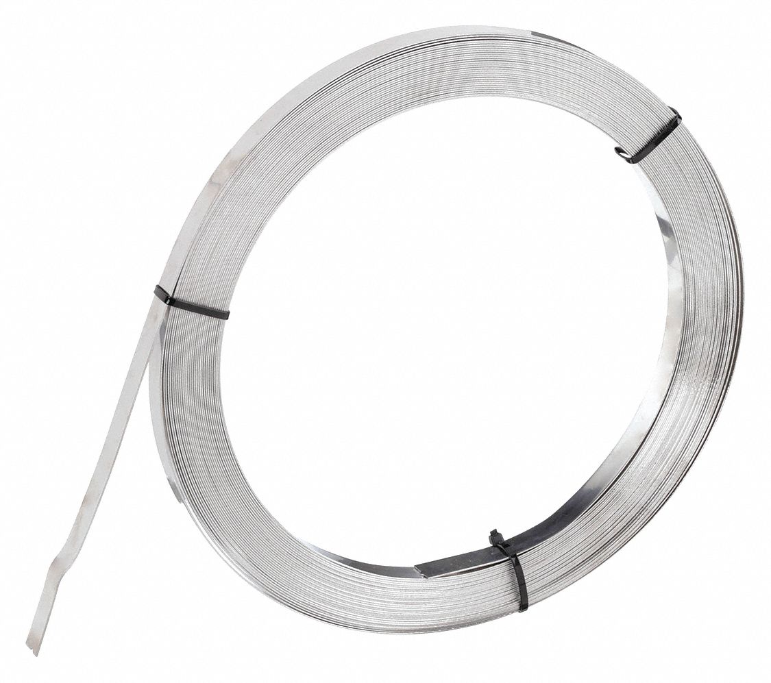 Stainless Steel Band: 0.044 in Strapping Thick, 5, 500 lb Break Strength, 100 ft Strapping Lg, Gray