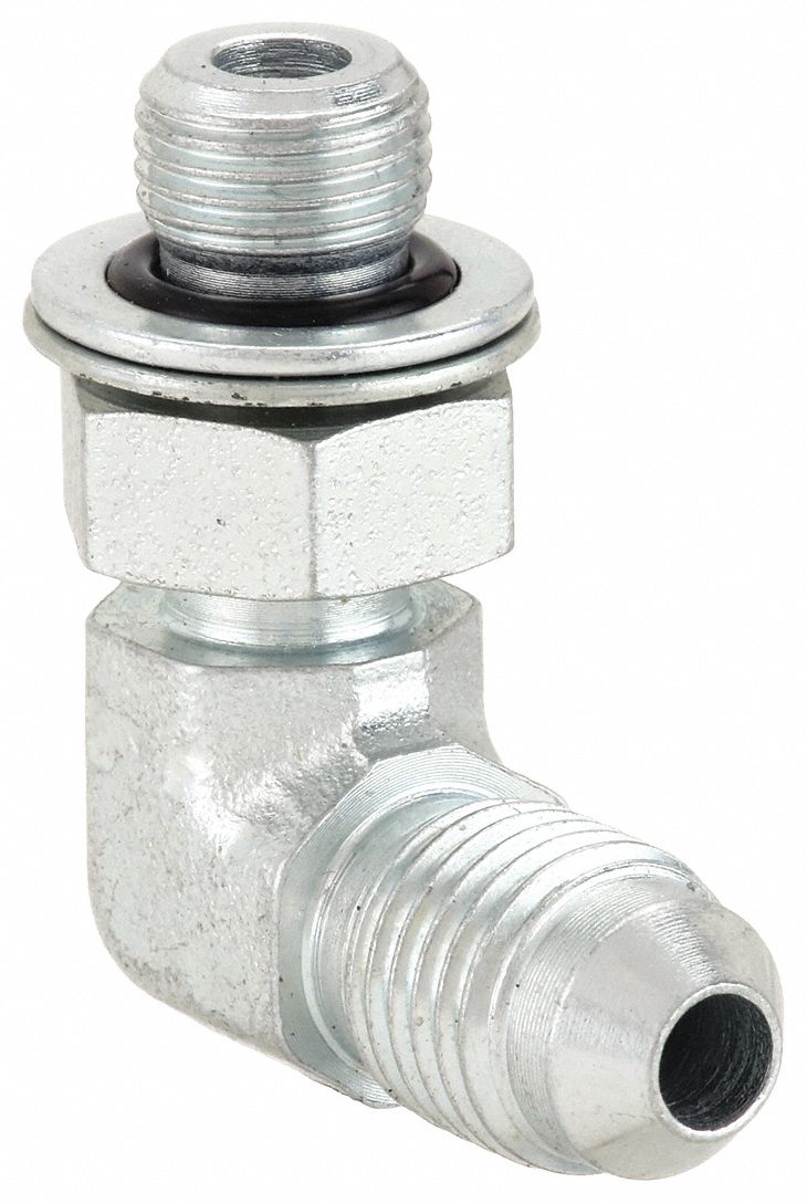 Hydraulic Hose Adapter: 1/4 in x 1/8 in Fitting Size, Male x Male, NPTF x NPTF, Rigid, 90° Elbow