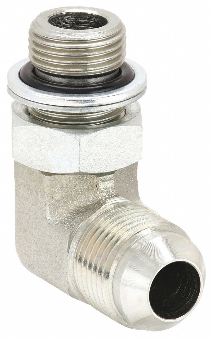 Hydraulic Hose Adapter: 3/8 in x 1/4 in Fitting Size, Male x Male, NPTF x NPTF, Rigid, 90° Elbow