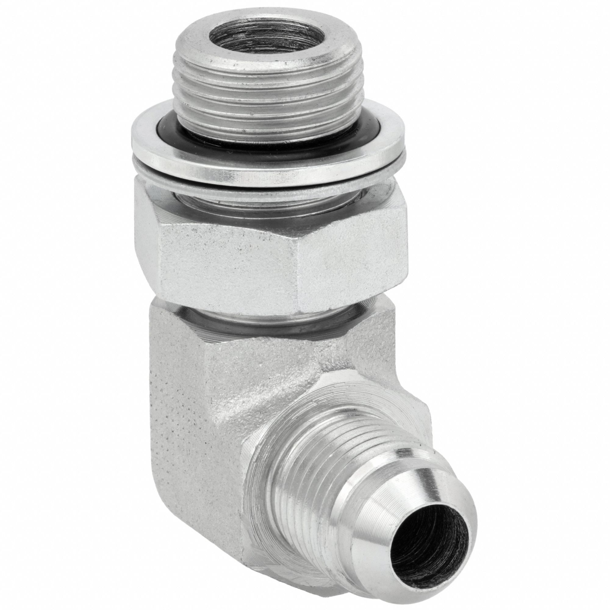 Hydraulic Hose Adapter: 1/4 in x 1/4 in Fitting Size, Male x Female, NPTF x NPTF, Rigid, 90° Elbow