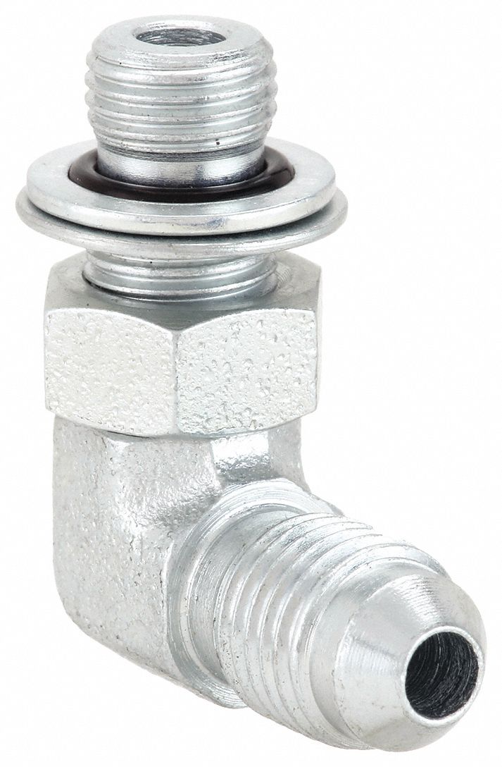 Hydraulic Hose Adapter: 1/4 in x 10 mm Fitting Size, Male x Male, Metric x JIC, Rigid, 90° Elbow