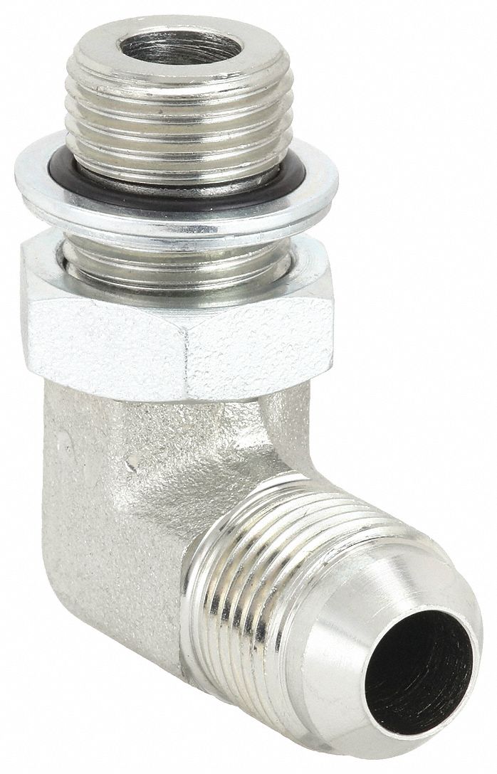 Hydraulic Hose Adapter: 1/2 in x 16 mm Fitting Size, Male x Male, Metric x JIC, Rigid, 90° Elbow