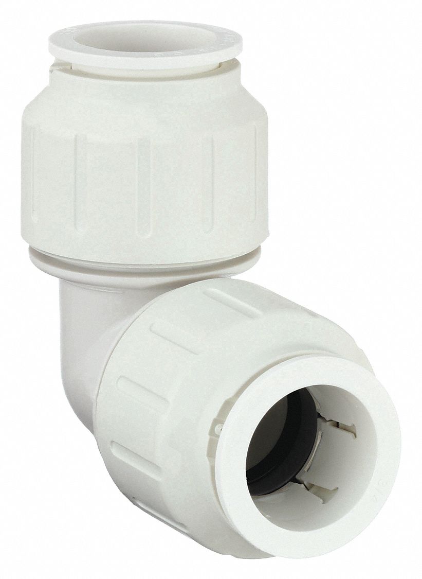 Push-Fit Elbow Fitting: 90° Elbow, 1/2 in OD x 1/2 in OD Size, Plastic
