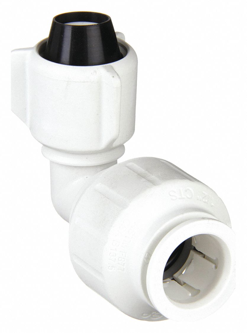 Push-Fit Elbow Fitting: 1/2 in OD x 1/2 in Pipe Size, Push-to-Connect x NPS, Plastic