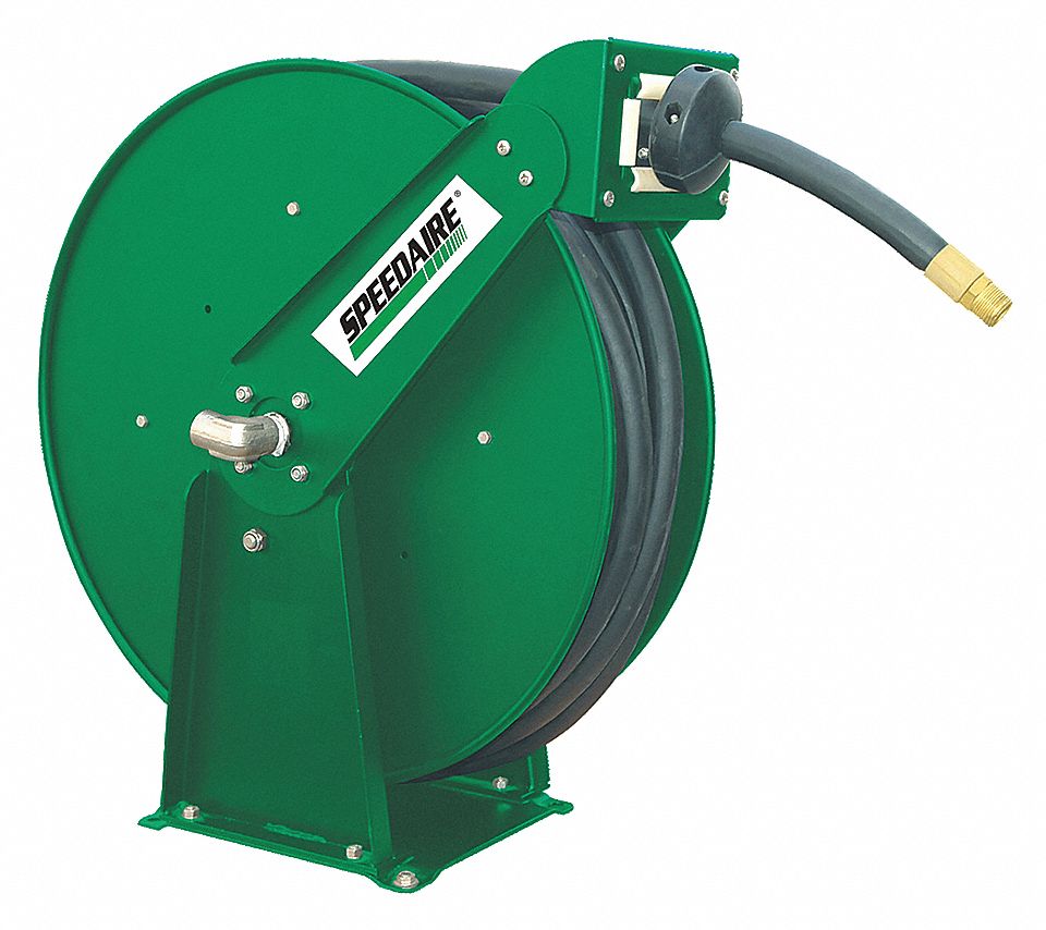 SPRING RETURN HOSE REEL: 100 FT (½ IN I.D.), ½ IN MNPT X ¾ IN MNPT, 300 PSI MAX