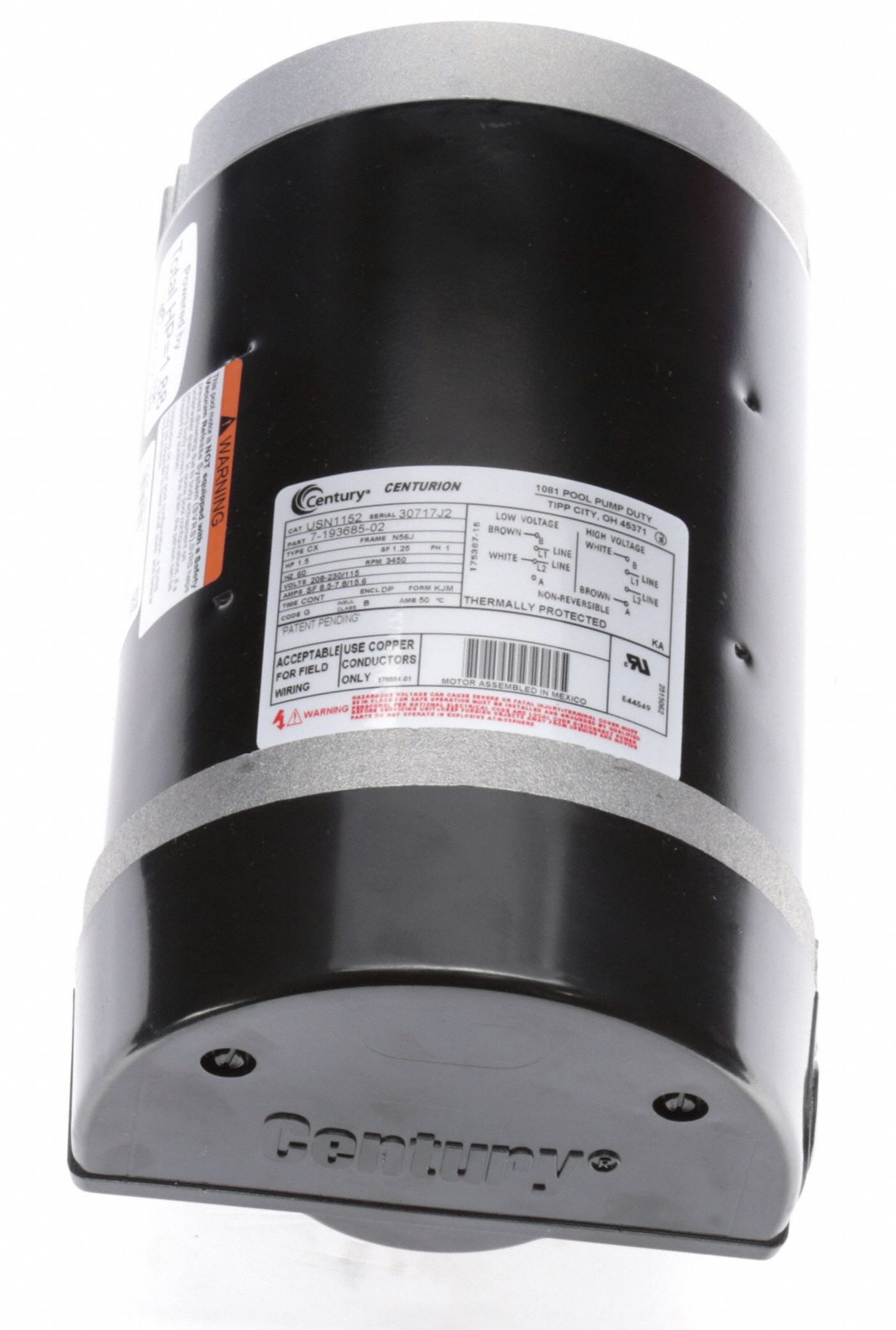 CENTURY Pool Pump Motor, 1 1/2 HP, Permanent Split Capacitor, Nameplate