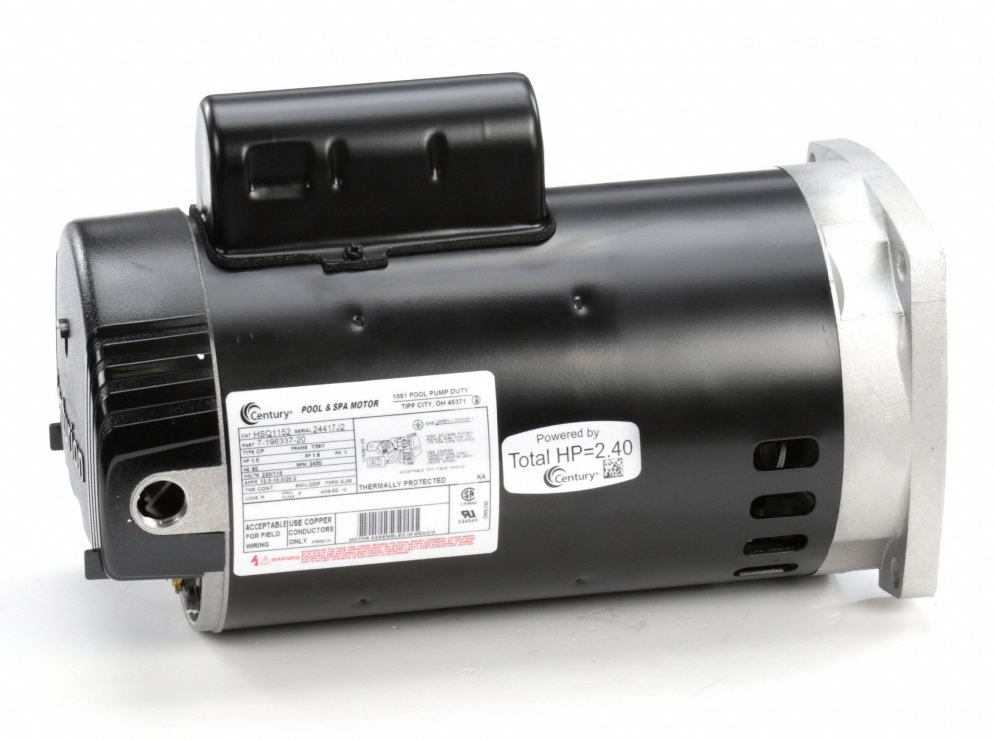 CENTURY 11/2 HP Pool and Spa Pump Motor, CapacitorStart, 115/208230V, 56Y Frame 16U405