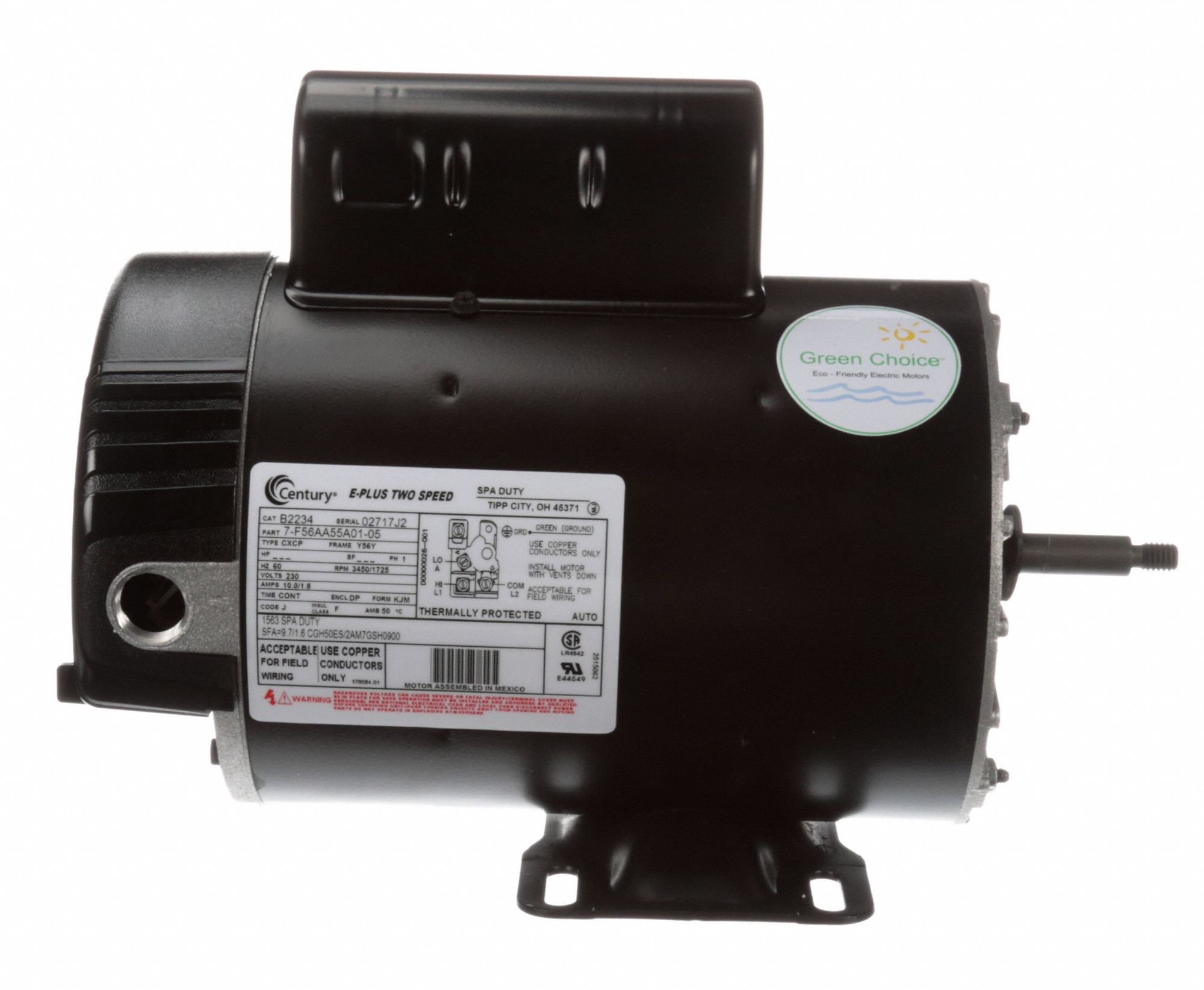 CENTURY Pool Pump Motor, 2, 1/4 HP, CapacitorStart/Run, Nameplate RPM