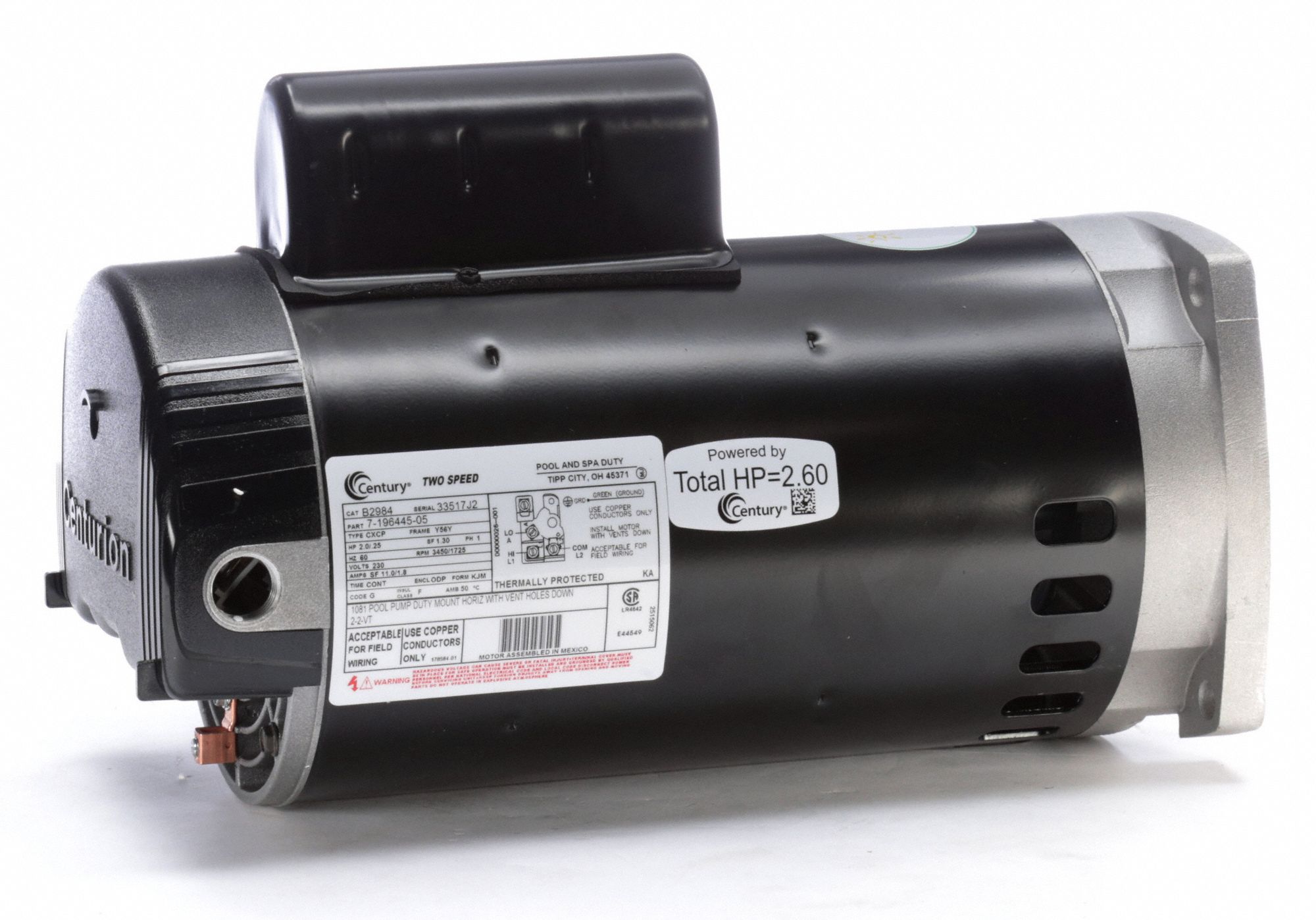 CENTURY Pool Pump Motor, 2, 1/4 HP, CapacitorStart/Run, Nameplate RPM