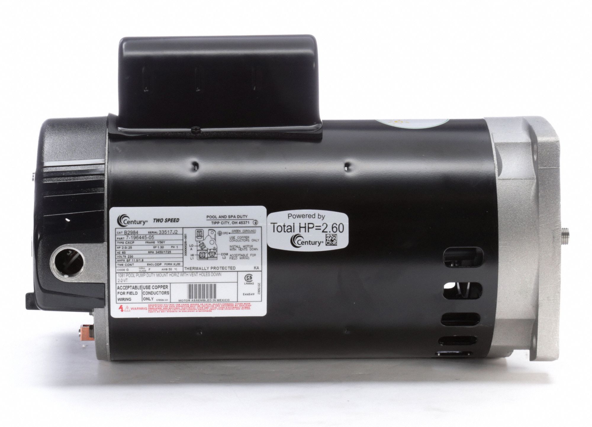 CENTURY Pool Pump Motor, 2, 1/4 HP, CapacitorStart/Run, Nameplate RPM