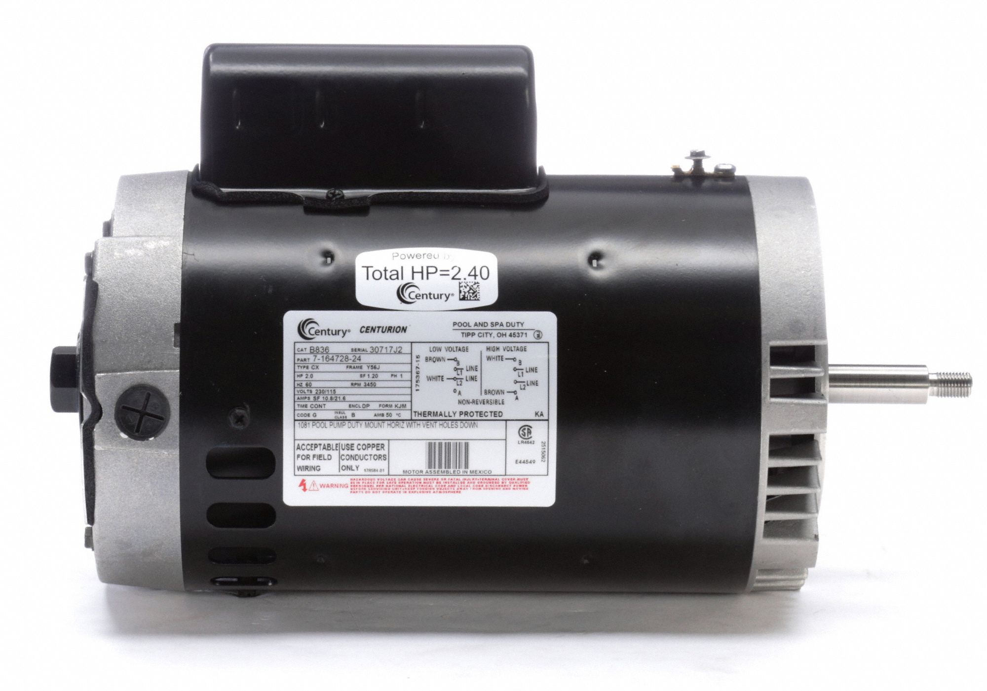 CENTURY Pool Pump Motor, 2 HP, Permanent Split Capacitor, Nameplate RPM