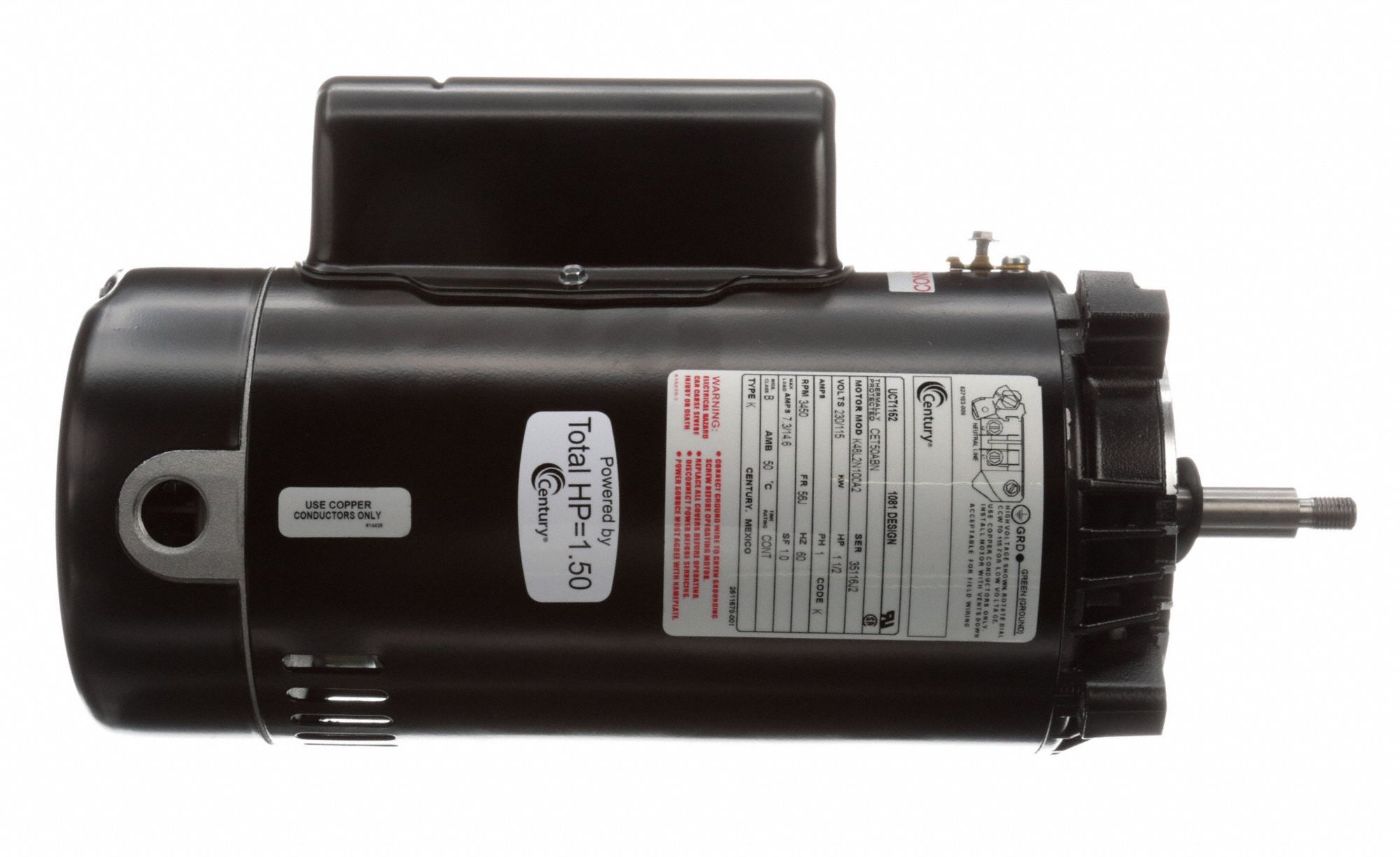 CENTURY Pool Pump Motor, 1 1/2 HP, CapacitorStart/Run, Nameplate RPM