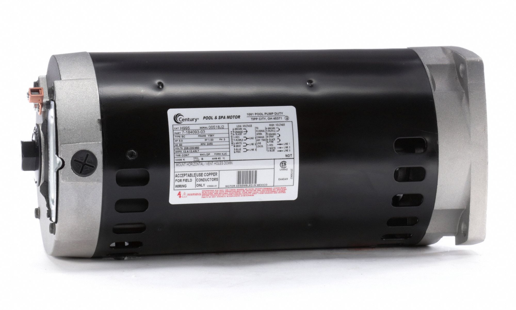 CENTURY Pool Pump Motor, 5 HP, 3Phase, Nameplate RPM 3,450, 56Y Frame