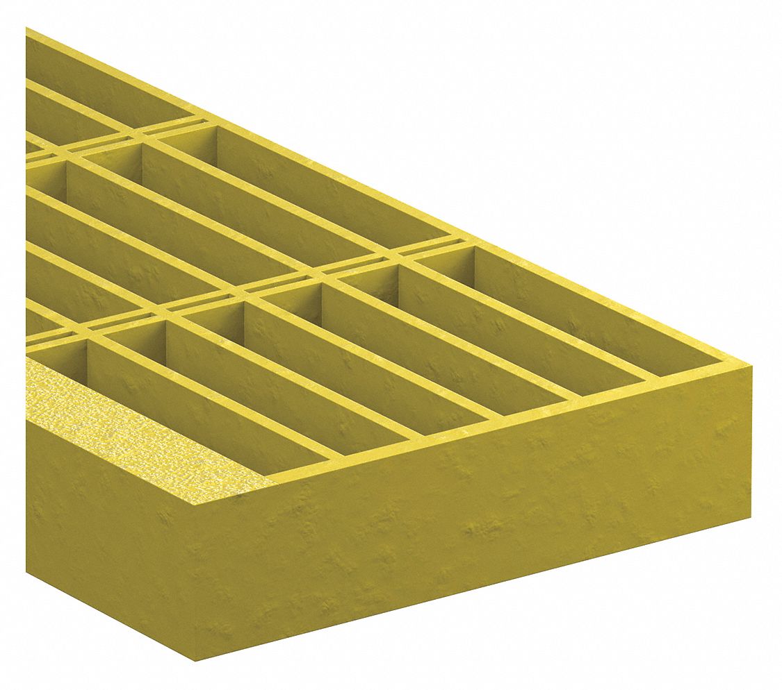 Fiberglass Bar Stair Tread: Fibertred, Corrosion Resistant, 12 in Tread Dp, 36 in Tread Wd, Yellow