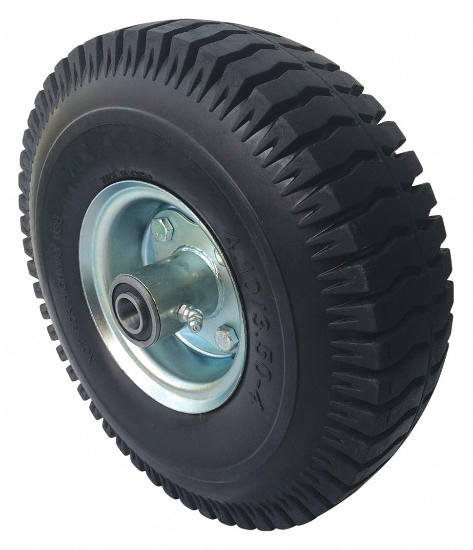 FLAT-FREE SOLID RUBBER WHEEL, 10 IN WHEEL DIA, 3 IN WHEEL W, 440 LB, ⅝ IN FOR AXLE SIZE