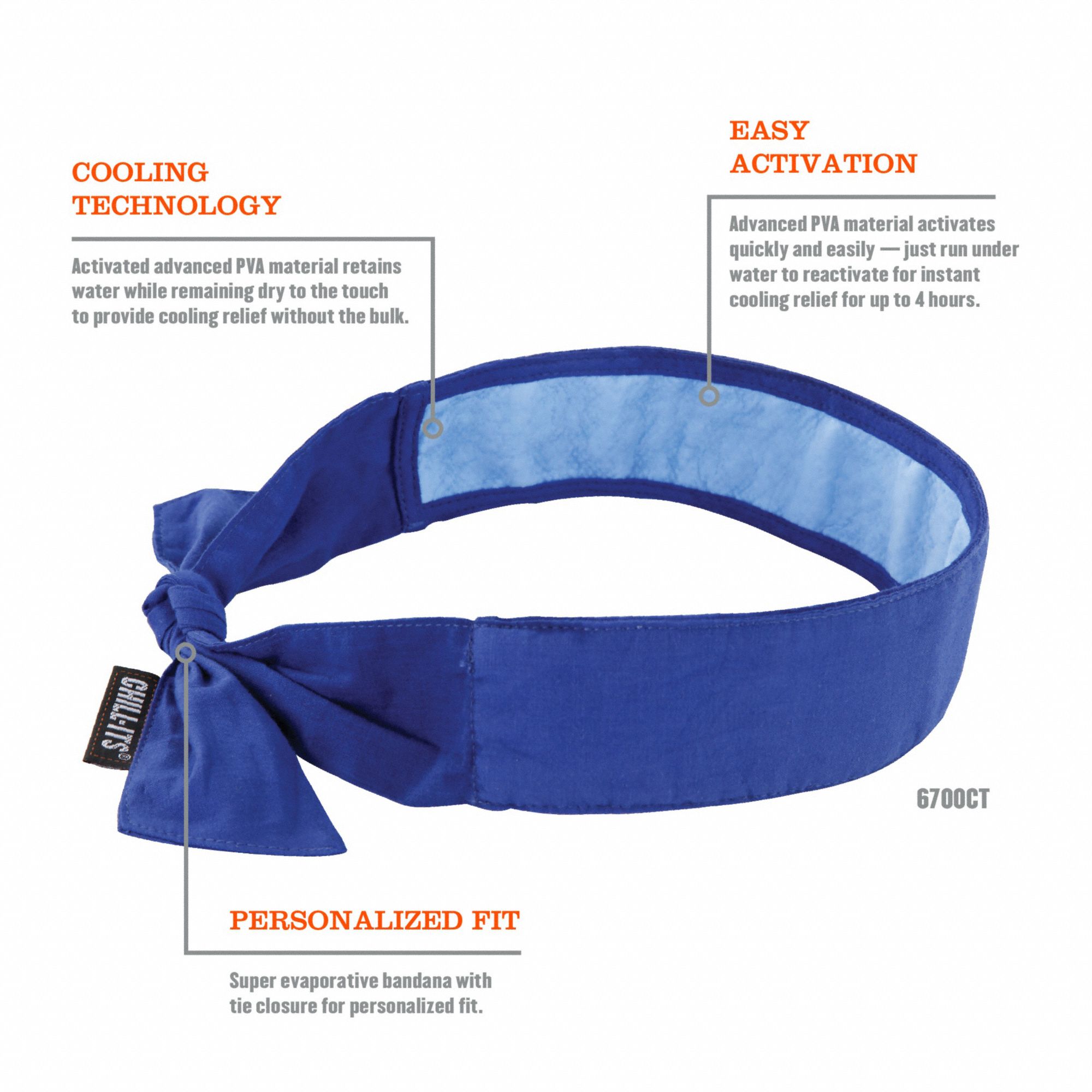CHILLITS BY ERGODYNE Evaporative Cooling Bandana, PVA and Cotton, Blue, Universal,1 EA 16V833