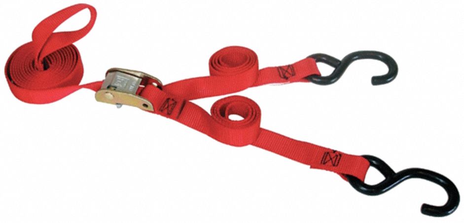 Tie Down Strap: 5 ft 6 in Cargo Tie Down Lg, 1 in Cargo Tie Down Wd, 400 lb Working Load Limit, Red