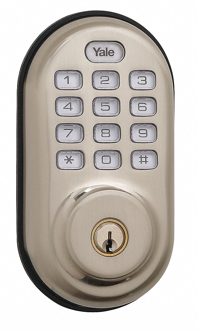 YALE Electronic Keyless Deadbolt, 13/16 in Backset, Cylindrical, Satin Nickel, 1 in Latch