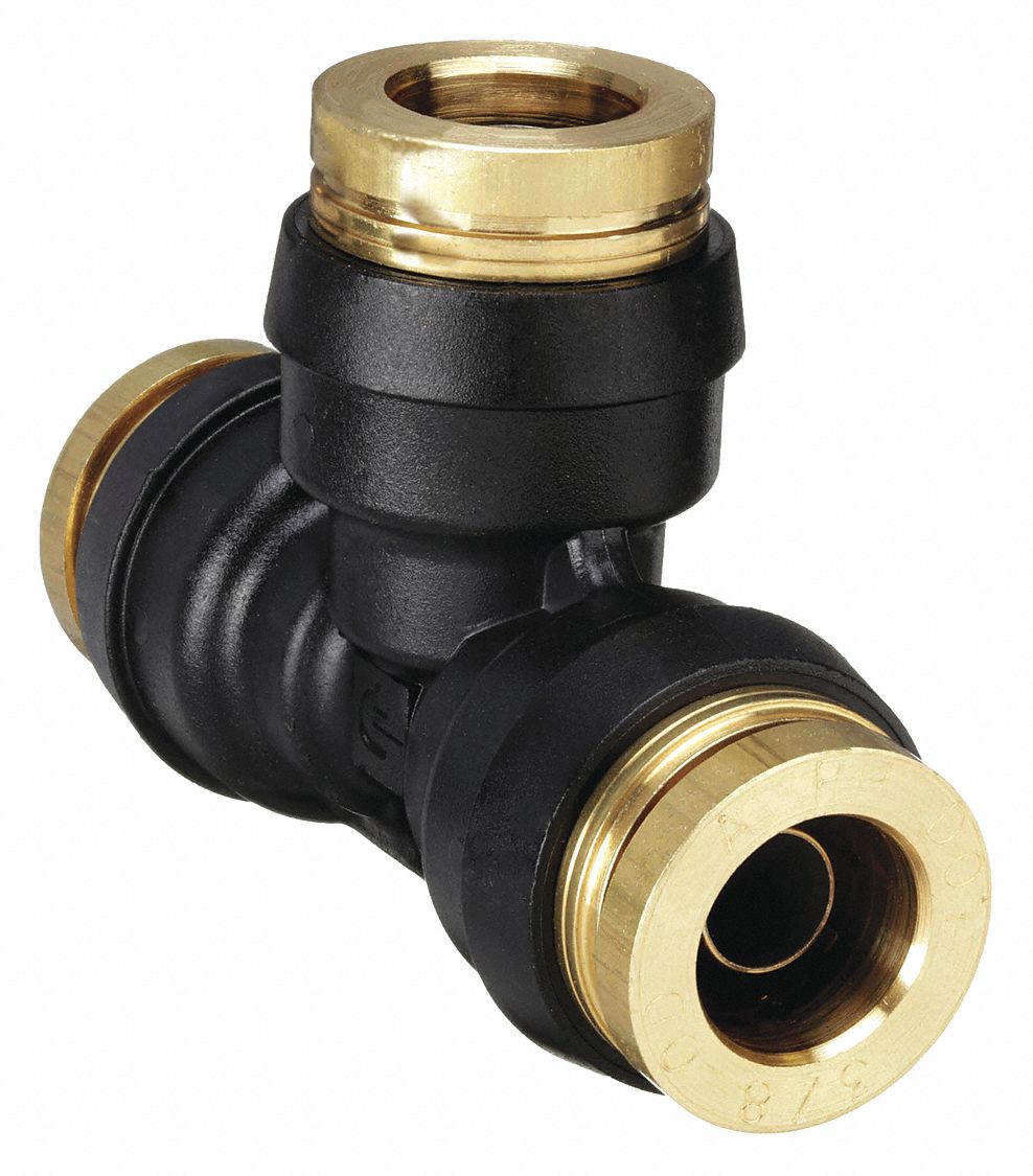 Push-Fit Tee Fitting: 1/2 in OD x 1/2 in OD x 1/2 in OD Fitting Size, Nylon, Coupling, 10 PK