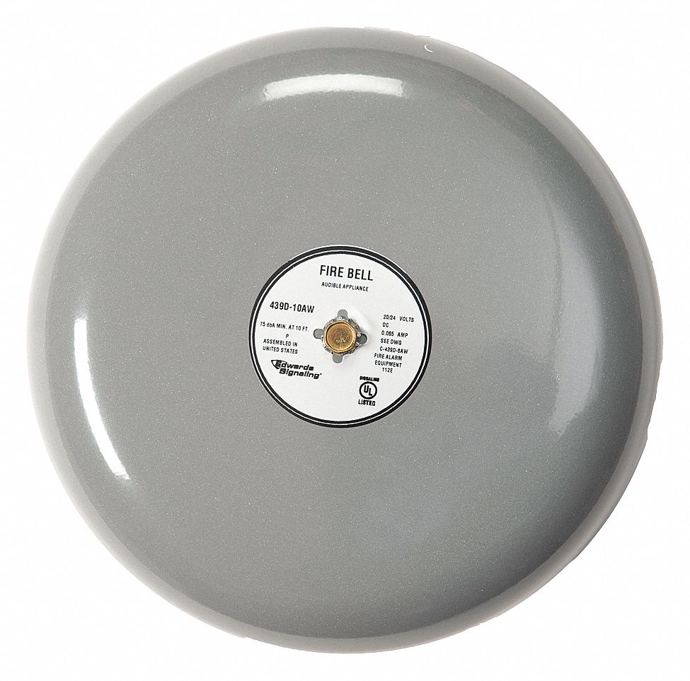 Fire Bell: 120V AC, Bell Sound, Gray, Bell, 3 1/2 in Overall Dp, 10 in Overall Wd