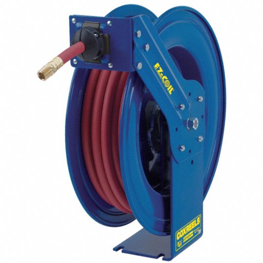 Spring Return Hose Reel: 75 ft (1/2 in I.D.), 1/2 in MNPT, 300 psi Max Op  Pressure, Brass, Blue, Red